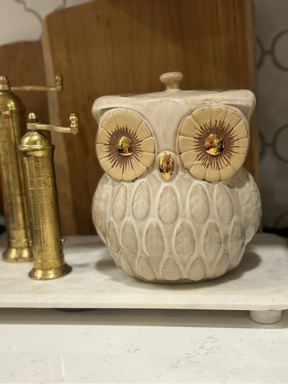 World Market Ceramic Owl Cookie Jar, Light Brown/ Cream with Gold